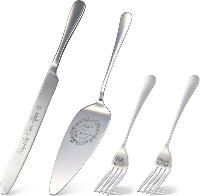 kingump 4 Piece Wedding Cake Cutting Set, Knife and Server with Forks, Elegant Wedding Cake Knife and Server Set for Bride and Groom(Silver 2) - Image 1